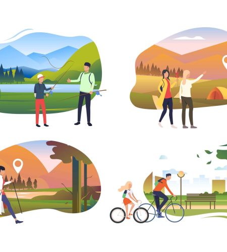 Collection of young people enjoying active leisure. Group of people finding locations, riding bicycle and fishing. Flat colorful vector illustration for promo, recreation, hiking